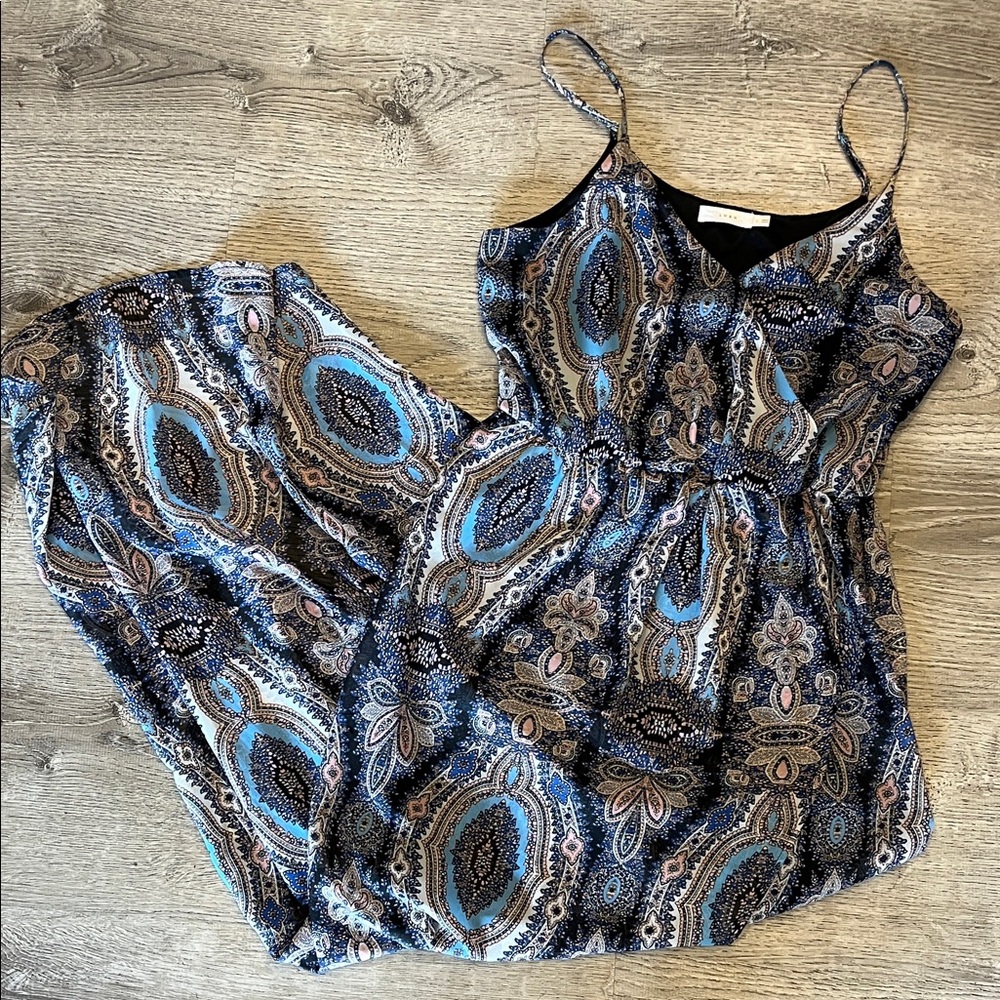 Lush Blue, Pink and Tan Paisley Maxi Dress with Slit Size L